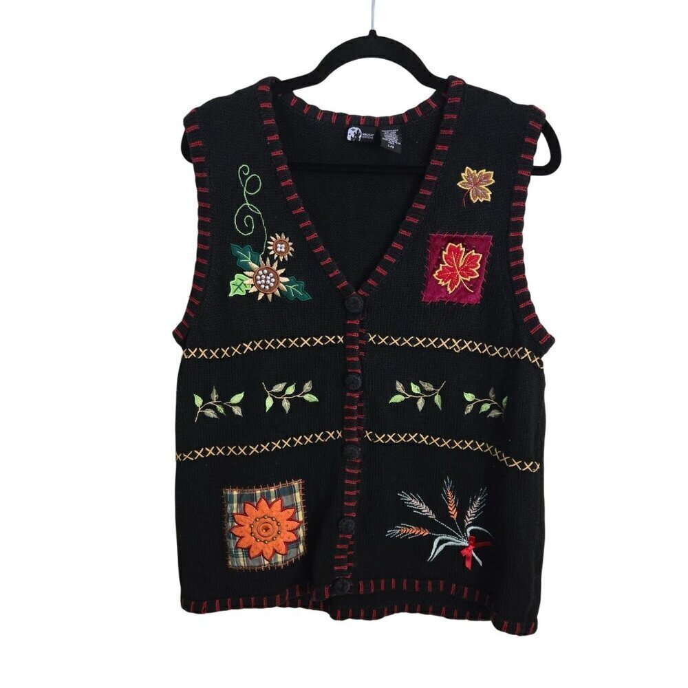 Vintage Holiday Editions Fall Thanksgiving Embroidered V Neck Button Front Sweat
